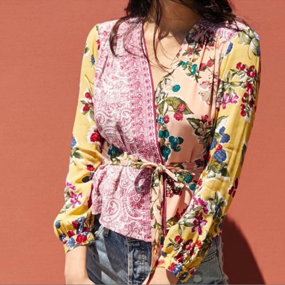 Anthro Meadow Rue Floral Patchwork Wrap Blouse size 0